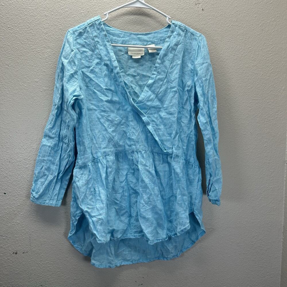 Cynthia Rowley Top‎ SZ S Blue Linen Babydoll Hi Low Blouse Faux Wrap Minimalist